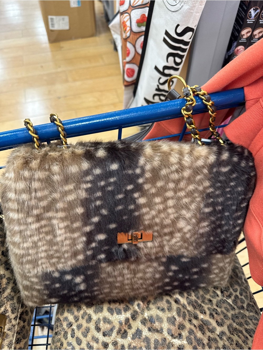 Steve Madden Brown and Cream Faux Fur Shoulder Bag with Gold Chain
